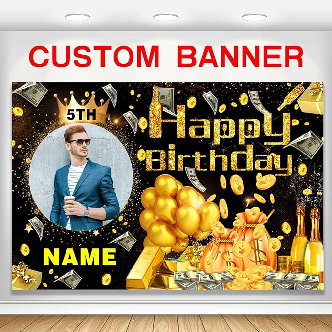 Custom Dollar Money Black and Gold Happy Birthday Party Decorations Supplies Personalized Dollar Money Black and Gold Birthday Backdrop Banner(5x7.5ft)