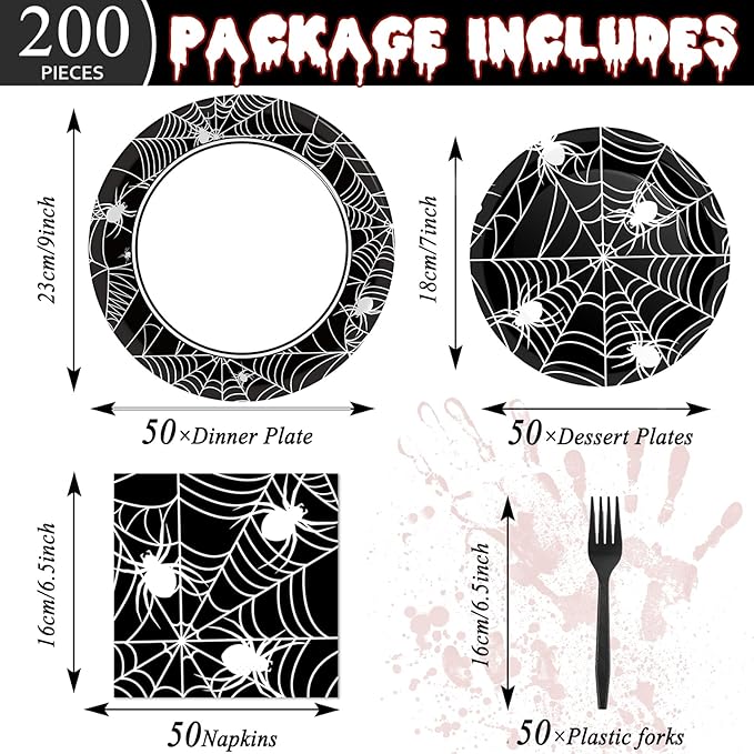 50 Guests Halloween Spider Web Plates and Napkins Party Supplies Spiderweb Party Decorations Disposable Tableware Black and White Halloween Dinnerware Favor for Get Together Celebration, 200PCS