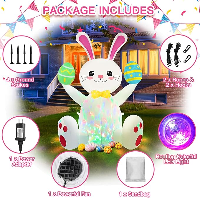 Easter Inflatables Outdoor Decorations 4ft Cute Inflatable Bunny Hold Eggs Blow Up Yard with LED Lighted Colorful Happy Rabbit Blow Ups for Outside Holiday Party Garden Lawn Indoor Home Decor