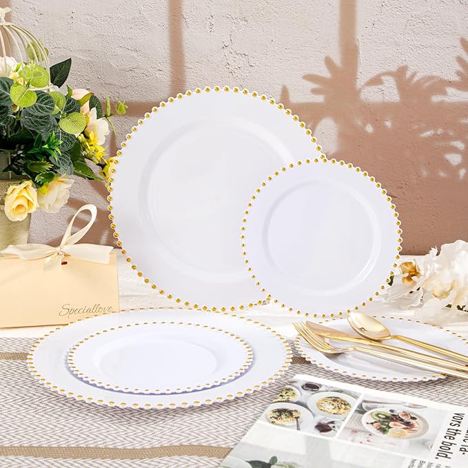 LIYH 150 Pcs White and Gold Plastic Plates - Elegant Disposable Gold Plastic Dinnerware set Include Dinner & Dessert Plates Cups for Birthday Party Wedding 30 Guests