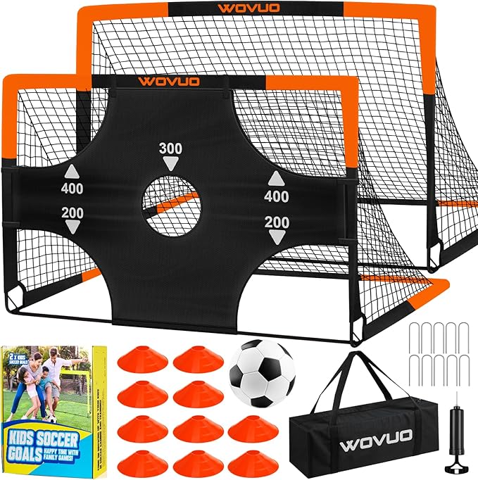 Kids Soccer Goals for Backyard Set of 2, 6x4 ft Portable Toddler Soccer Goal Training Equipment with Soccer Target, Ball, Cones, Soccer Net for Kids Age 3-5 6-8 8-12 10-12-14 Outdoor Sports Games Gift