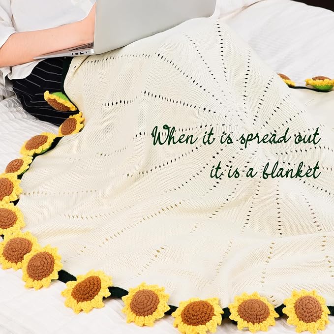 cagulax Birthday Gifts for Women Sunflower, Self Care Birthday Gifts for Best Friend, Mom, Sister, Wife, Grandma, Teacher, Cozy Throw & Decor Sunflower Crochet Flowers Bouquet Blanket 63 Inches