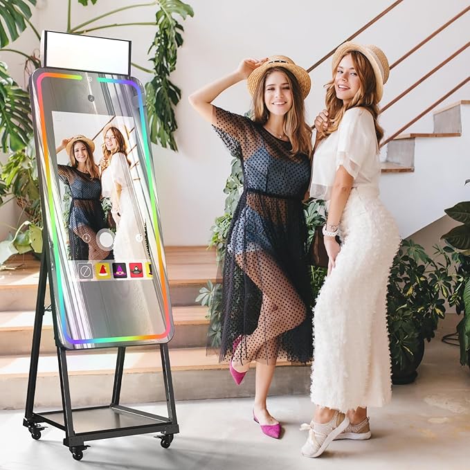MWE Magic Mirror Photo Booth Machine Touch Screen with Printer,12MP 4K HD Camera,RGB Surround Light Music Sync,Professional Photography Light,Dual System,Software APP Remote Control (47in+Printer)