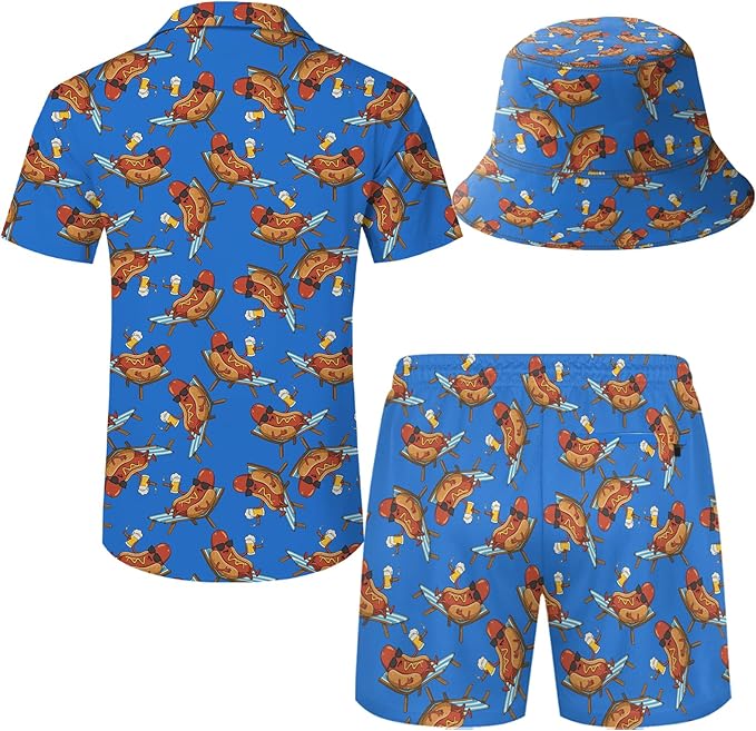 Men's Hawaiian Shirt and Shorts Set 2 Piece Beach Outfits with Bucket Hats for Beach Days and Summer Vibes