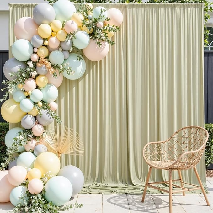 50ft x 10ft Wrinkle Free Sage Green Backdrop Curtains for Parties Weddings, 10 Panels 5×10ft Soft Silk Polyester Photo Backdrop Drapes for Birthday Baby Shower Photo Photography Background Cloth
