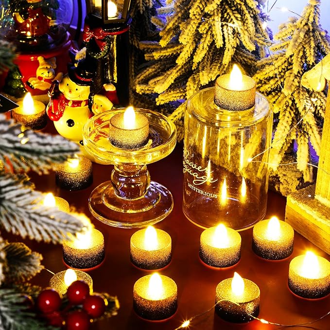 Retisee 48 Pcs Flameless LED Tea Lights Gold Black Glitter Electric Fake Candles for Centerpieces Battery Operated Anniversary Decorations Romantic Winter Decor for Wedding Festival Christmas Birthday
