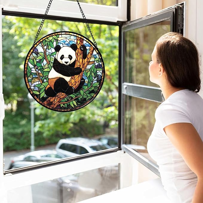 Stained Glass Window Hanging - Cute Panda Suncatcher for Doors Garden Patio Sun Catchers Decor Christmas Mother's Day Birthday Teenager Gifts for Women Men Mom Nana Friend 15 in
