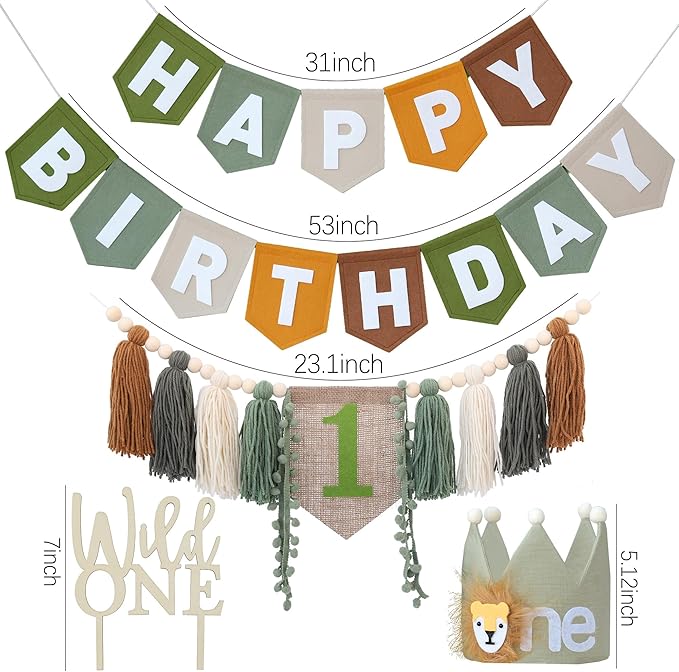 DCJHFJ Wild One High Chair Banner Brown Green Felt Happy Birthday Banner Pre-Strung Jungle Safari Birthday Party Decorations For 1st Boy Party Backdrop