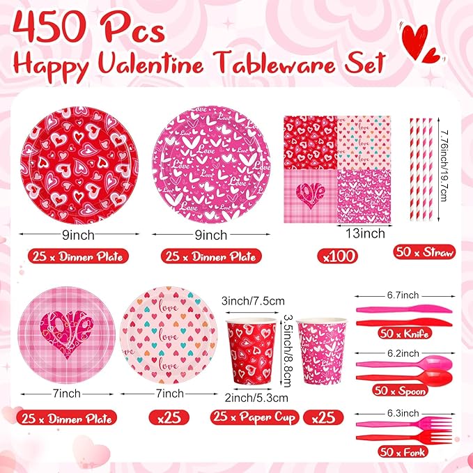 450 Pcs Valentines Tableware Set Decorations, Heart Love Design Paper Plates Napkins Cups Cutlery Straws for Kids Valentine's Day Galentines Day Party Supplies, Serves 50