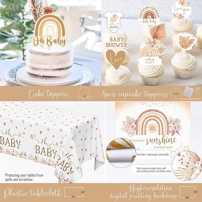 Boho Baby Shower Decorations, Boho Rainbow Baby Shower Party Supplies, A Little Ray of Sunshine is Almost Here, It’s a Girl Gender Reveal, Backdrop Balloon Arch Boxes Mom to Be Sash