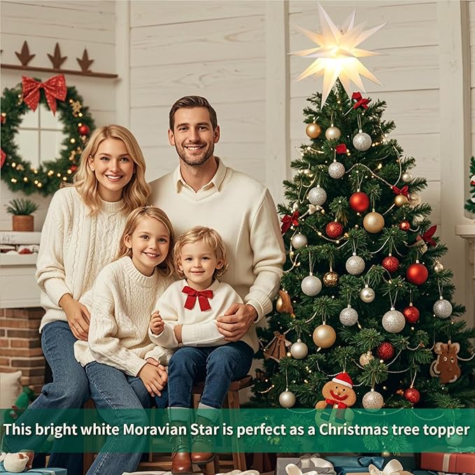 23" Large Moravian Star Outdoor Light, Moravian Star Christmas Tree Topper Lighted Battery Operated, Remote Control Hanging Outdoor/Indoor Tree Topper Light for Courtyard, Porch-White
