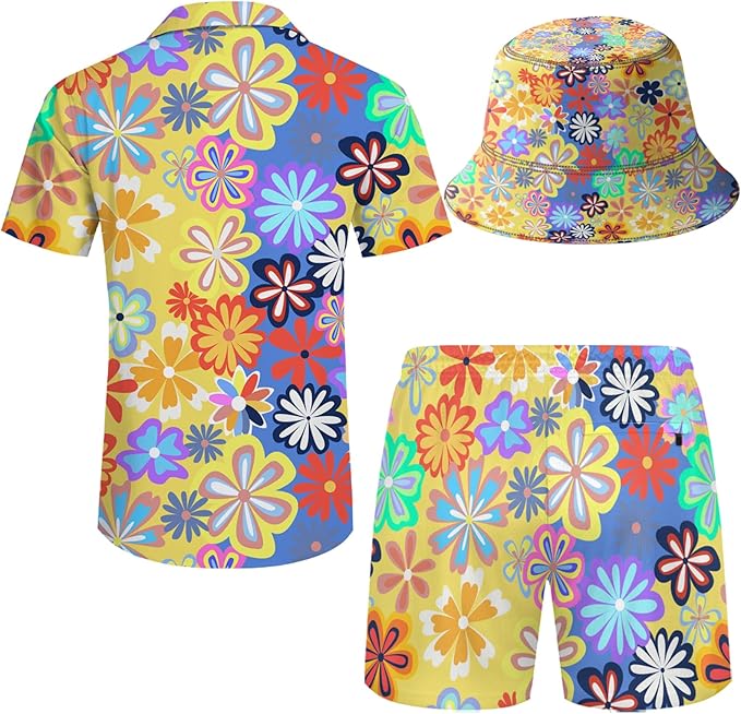 Men's Hawaiian Shirt and Shorts Set 2 Piece Beach Outfits with Bucket Hats for Beach Days and Summer Vibes