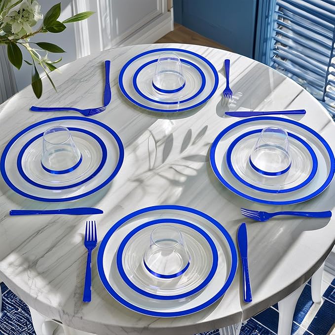 I00000 210 Pcs Dark Blue Plastic Plates, Clear Disposable Plates for 30 Guests, Blue Dinnerware Include 30 Dinner Plates 30 Dessert Plates, 30 Cups, 30 Pre Rolled Napkins with Cutlery Set for Party