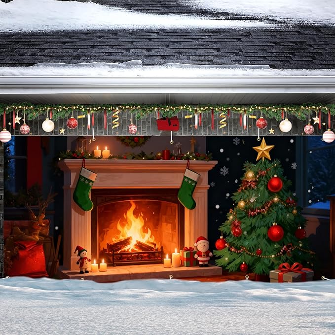 Christmas Garage Door Banner & Cover 7x16FT, Fireplace with Christmas Tree and Stockings, Large Outdoor Xmas Decoration for Garage Doors, Driveways, Winter Parties and Holiday Decor