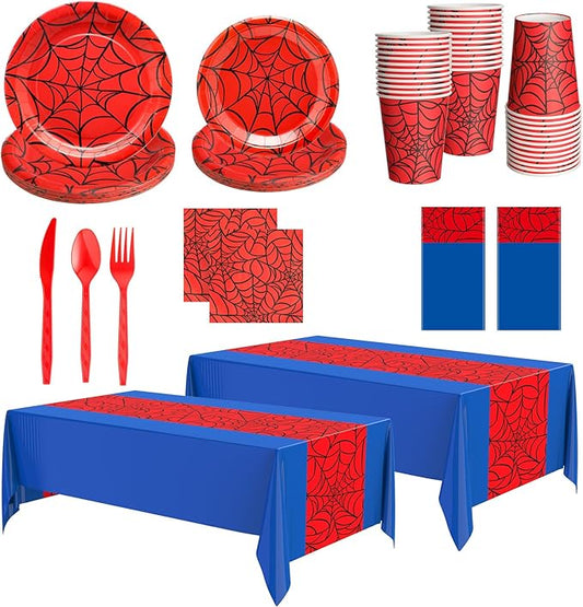 Oudain 162 Spider Birthday Party Decoration Supplies Red Blue Disposable Rectangular Spider Web Tablecloth Paper Plates Napkins Cups Set Plastic Dinner Tableware Forks Spoons Knifes