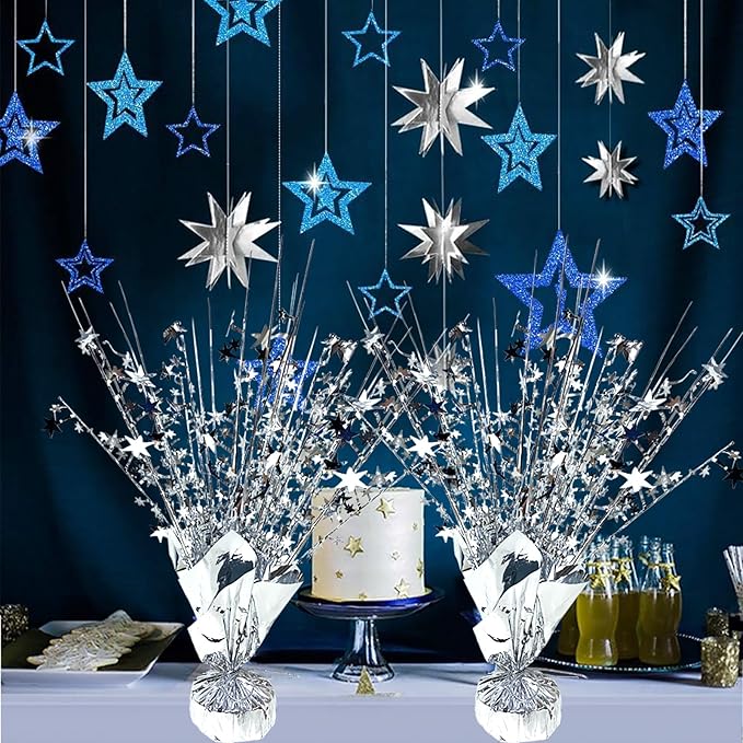 18 Pack Metallic Foil Spray Centerpiece Star Table Decoration Burst Glitter Tabletop Centerpieces for Birthday Christmas New Years Nye Wedding Graduation Holiday Party Supplies Decor, Silver