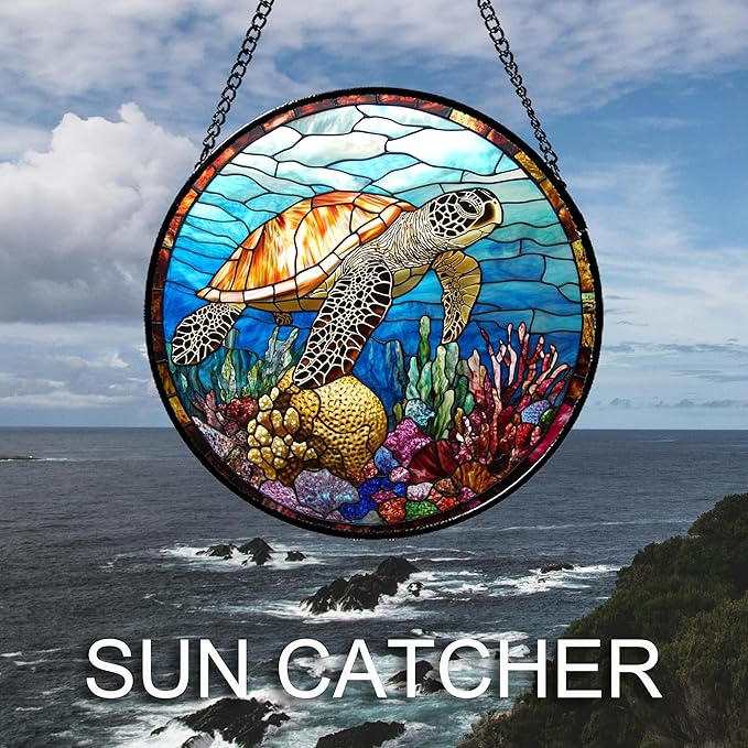 Stained Glass Window Hanging Blue Sea Ocean Coral Turtle Large 11.8" - Suncatcher Door Garden Sunroom Sun Catcher Home Decor Birthday Christmas for Mom Men Woman Nana