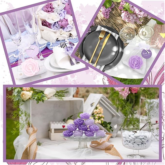 Treela 50 Set Flower Candles Wedding Favor for Guests Mini Purple Rose Shaped Tealight Candles for Return Gift Wedding Birthday Bridal Shower Housewarming Party