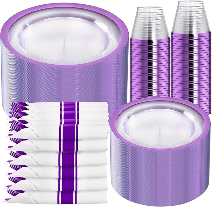 I00000 350 Pcs Clear Purple Plates for 50 Guests, Purple Dinnerware Include 100 Plates, 50 Cups, 50 Pre Rolled Napkins with Cutlery Set for Party and Wedding