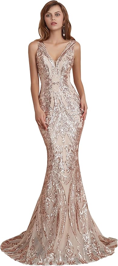 Women's Double V-Neck Sequins Lace-up Mermaid Evening Dress