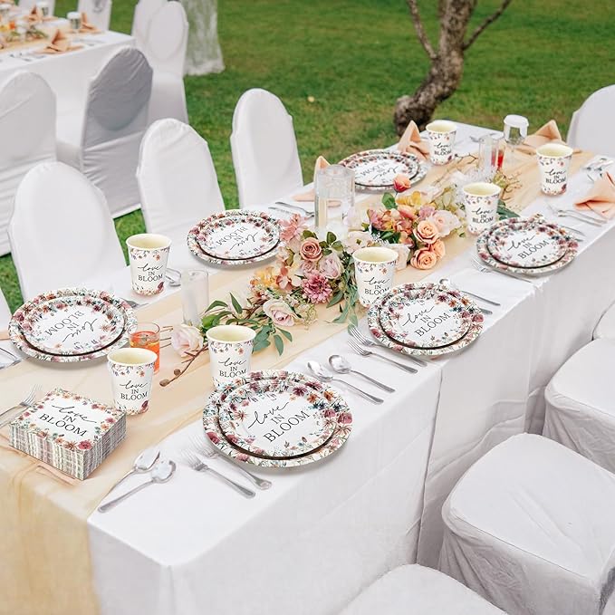 Zhehao 250 Pcs Bridal Shower Plates Napkins Sets 50 Pcs 9'' Dinner Plates 50 7'' Dessert Plate and 9oz Cups 100 Napkins Party Supplies Bridal Shower Decoration (Multicolor,Love in Bloom)