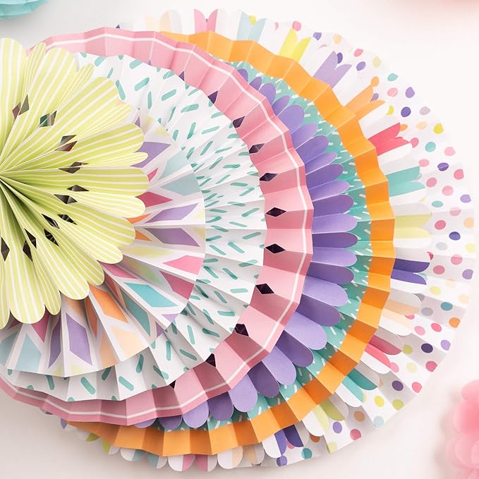 PapaKit Deluxe Origami Large Wall Decoration Set (Assorted Paper Fans & Pom-poms) Birthday Party Baby Shower Wedding Events Decor | Creative Art Design Pattern (Festive Colors, Deluxe 26 Piece Set)