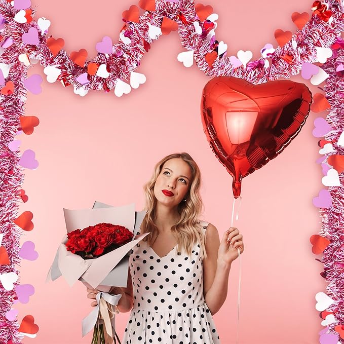 196 FT Valentines Heart Tinsel Garland, Valentine's Day Red Pink White Metallic Twist Garland for Home Wedding Party Hanging Decorations