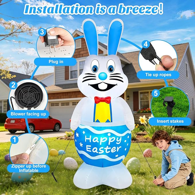 MICOCAH 5FT Tall Easter Inflatable Bunny Outdoor Decoration, Standing Cute Blow Up Blue Rabbit Yard Decoration with Colorful LED Lights, Spring Blowups for Lawn, Garden, Patio, Holiday, Party