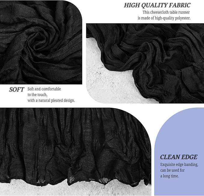 24 Pack Black Cheesecloth Table Runner 120 inch Fall Thanksgiving Boho Rustic Gauze Farmhouse 10FT Cheese Cloth Runner for Baby Shower Wedding Party Holiday Home Decor