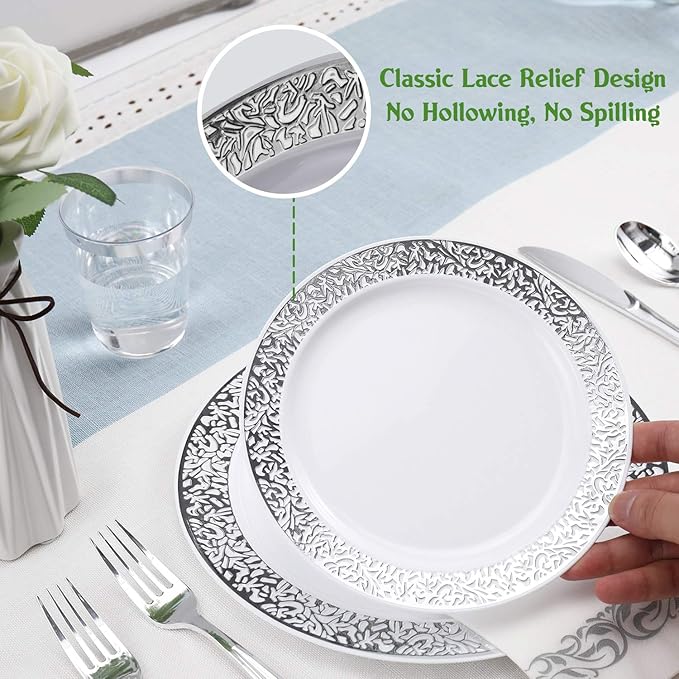FOCUSLINE 175 Ct Silver Dinnerware Set for 25 Guests, Plastic Plates with Silver Lace Rim Design, Including 25 Disposable Dinner & Dessert Plates, Cups, Napkins, Cutlery Set