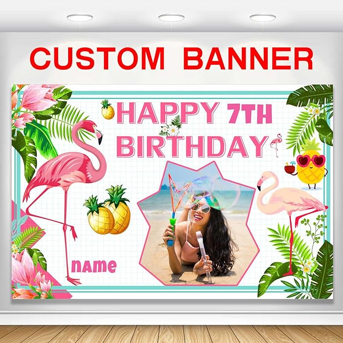 Custom Flamingo Hawaiian Tropical Happy Birthday Party Decorations Supplies Personalized Flamingo Hawaiian Tropical Birthday Luau Party Backdrop Banner(6x9ft)