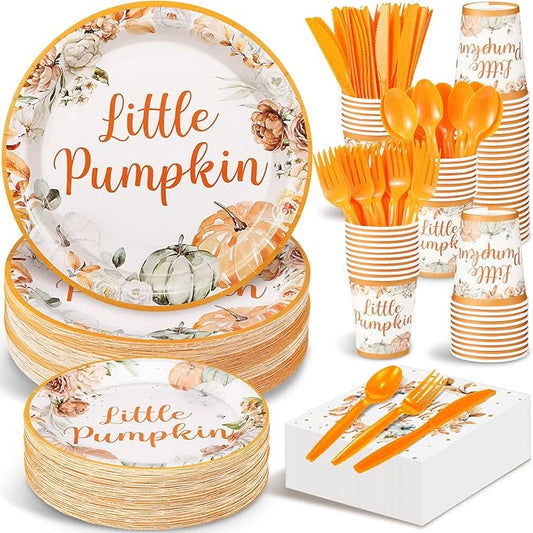Dandat 350 Pcs Baby Shower Plates Set Baby Shower Party Supplies Serves 50 Tableware Sets Include Plates Napkin Cup Forks Knives Spoons Disposable Dinnerware(Little Pumpkin,Orange)