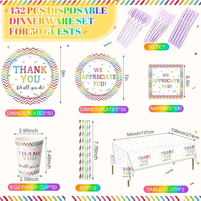 452 Pcs Thank You Party Decorations for 50, We Appreciate You Paper Plates Napkins Cups Tablecloth Cutlery Straws for Employee Staff Housekeeping Week Pastor Appreciation Party Supplies