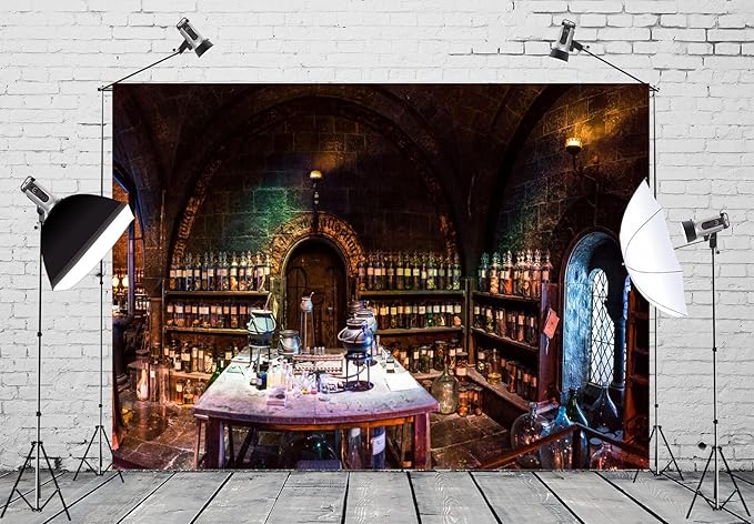BELECO 10x8ft Fabric Vintage Chemistry Lab Backdrop Magic School Laboratory Potions Classroom Background Spooky Witch's Room Halloween Party Decorations Mad Scientist Lab Party Banner Photo Props