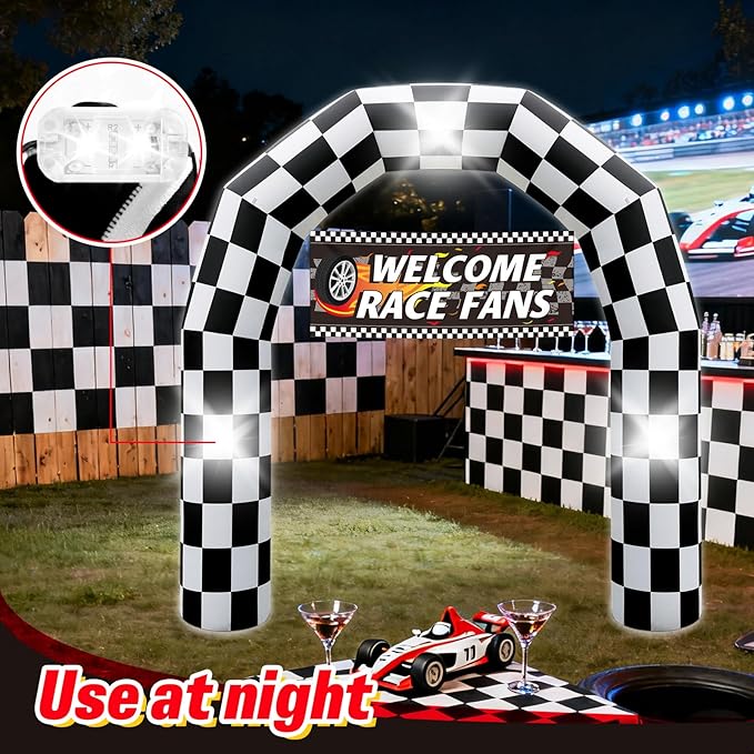 8FT Black and White Checkered Outdoor Race Car Inflatable Arch with Happy Birthday Banner, Blow Up Racing Party Decoration with Built-in 3 LED Lights for Race Car Themed Birthday Party Lawn Yard Decor