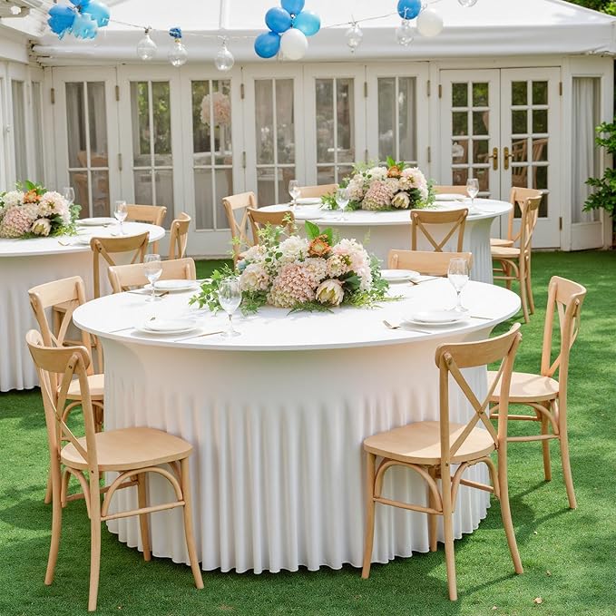 6 Pack Ivory Spandex Round Tablecloths for 60 inch Tables, Wrinkle Free Stretchy Fitted 120inch Round Table Covers 5FT with Ruffle Table Skirt for Wedding Party Dining Banquet Dinning