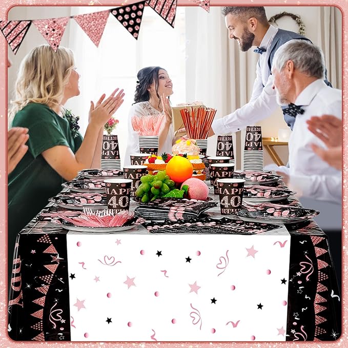 452 Pcs 40th Birthday Decorations for Women Black and Rose Gold 40th Birthday Paper Plates Cups Napkins Tablecloth Cutlery Straws for Girls Women 40 Year Old Party Supplies for 50 Guests