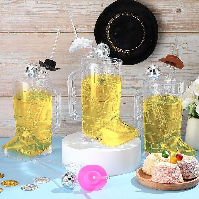 36 Pcs Cowboy Boot Glasses Bulk, 12 Cowboy Drink Mugs 12 Cowgirl Hat Straws 12 Mirror Disco Ball Stirrers for Western Theme Party Bachelorette Birthday Decorations(Clear)