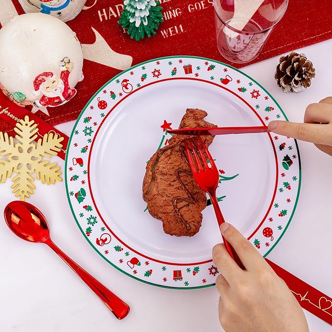 LIYH 150 Pcs Plastic Christmas Plates Disposable Christmas Dinnerware Set, Red Plastic Silverware,Cups Perfect 25 Guests