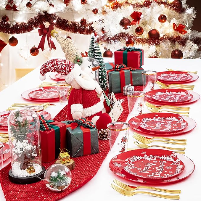 LIYH 150 Pcs Plastic Christmas Dinnerware Set, Red Christmas Plates with Reindeer Design, Gold Plastic Silverware, Xmas Gold Cups, Festive Holiday Tableware Party Supplies