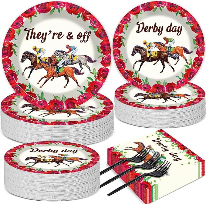 50 Guests Derby Day Plates and Napkins Party Supplies Kentucky Horse Racing Party Decorations Disposable Tableware Set Run for the Roses Dinnerware Favor for Race Day Kentucky Horse Party, 200PCS