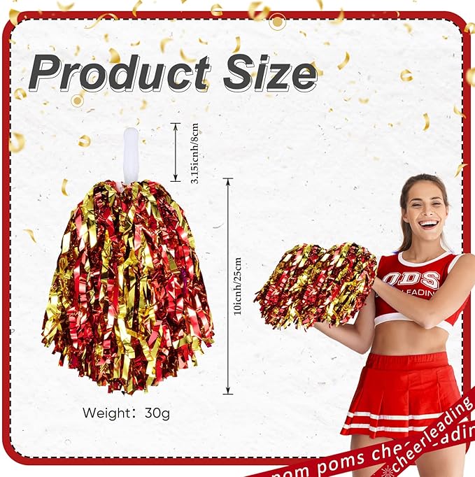 Hanaive 100Pcs Metallic Cheerleading Pom Poms with Baton Handle Cheerleader Pompom Foil 30g Cheering Squad Hand Flowers for Adults Team Spirit Sports Party Cheering