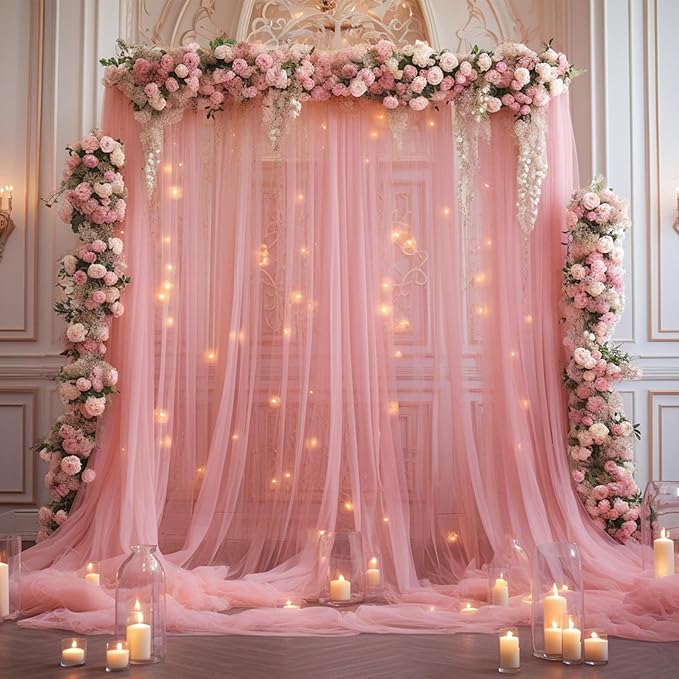 20x10ft Dusty Rose Tulle Backdrop Curtain with Lights String for Parites, Sheer Photo Backdrop Curtains with Lights for Wedding Backdrop Ceremony Reception Bridal Shower Baby Shower Birthday Party