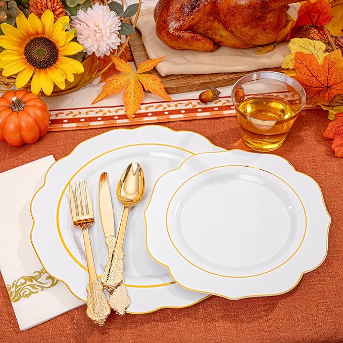 NOCCUR 175PCS Gold Plastic Plates with Disposable Silverware - White Gold Plastic Tableware Include 25 Dinner /25 Dessert Plates, 75 Cutlery, 25 Cups, 25 Napkins - Ideal for Party/Wedding