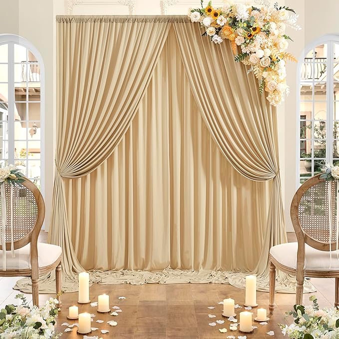30 ft x 8 ft Thick Champagne Backdrop Curtain for Wedding Parties, 6 Panels 5 ft x 8 ft Wrinkle Free Polyester Champagne Photo Backdrop Drapes, Birthday Party Home Decoration Supplies