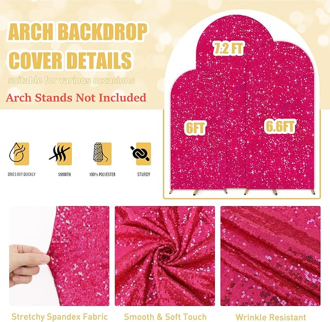 FUHSY Arch Backdrop Cover Set of 3 Hot Pink Arch Covers Stretchy Backdrop 7.2FT, 6.6FT, 6FT Balloon Chiara Backdrops Arched Cover Spandex Sequin Fabric for Birthday Party Baby Shower Ceremony Decor