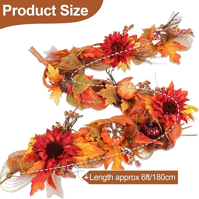 2 Pack 6ft Thick Fall Maple Leaves Garland with Pumpkin and Berry, Artificial Sunflower Autumn Harvest Garland w/Ribbon for Mental, Thanksgiving, Halloween, Fireplace Porch Indoor Outdoor Decoration