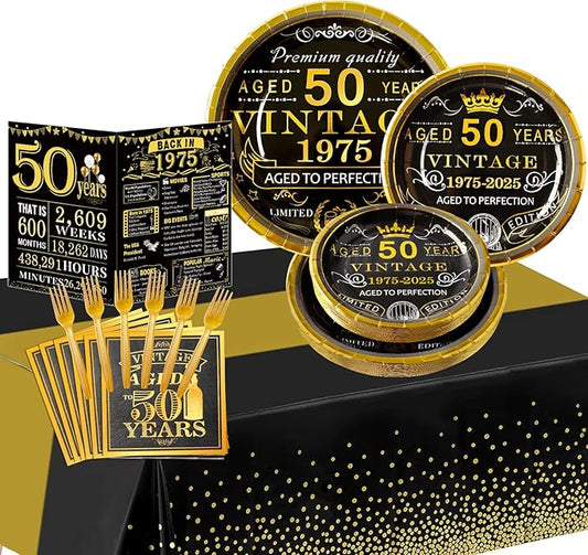 50th Birthday Party Tableware Set,Back in 1975 50th Birthday Party Supplies Decorations,Include 1975 Anniversary Card,Tablecloth and Plates, Forks,Napkins 24 Guests for Men