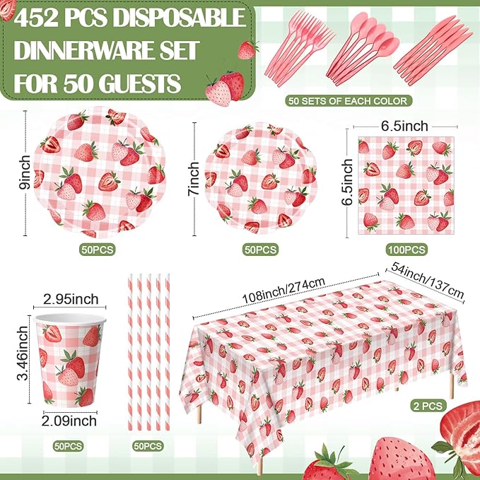 452 Pcs Strawberry Birthday Party Decorations for 50, Strawberry Paper Plates Napkins Cups Tablecloth Cutlery Straws for Berry First Birthday Wedding Baby Shower Party Supplies