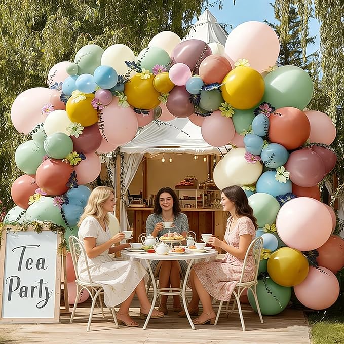 Blue Green Pink Balloon Arch Double Stuffed, Pastel Green Purple Yellow Beige Balloons Cosmos Kelsang Flowers for Baby Shower Birthday Bridal Gender Reveal Floral Easter Tea Party Decorations